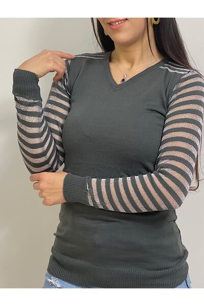 Jerusalema Kadın Füme Renkli, Kolları Transparan Detaylı, Triko Kazak