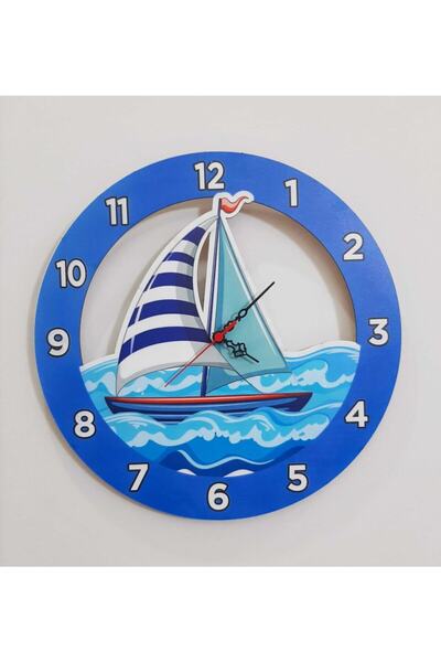TUĞBArt Gemi Model Çocuk Odası Duvar Saati 40x40 cm Renkli Eğlenceli Lazer Ke...