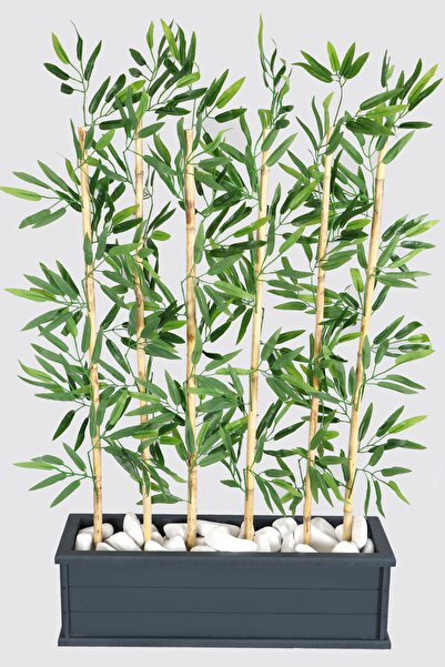 Yapay Çiçek Deposu Islak Yapraklı 6 Çubuklu Gri Saksıda Bambu Seperatör (20x7...