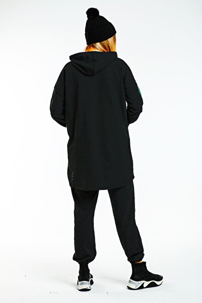 CNG MODA Large Size Hijab Oversize Model Black Green Highlighter Tracksuit Set