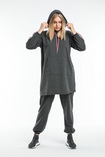 CNG MODA Large Size Hijab Oversize Model Anthracite Pink Highlighter Tracksuit Set
