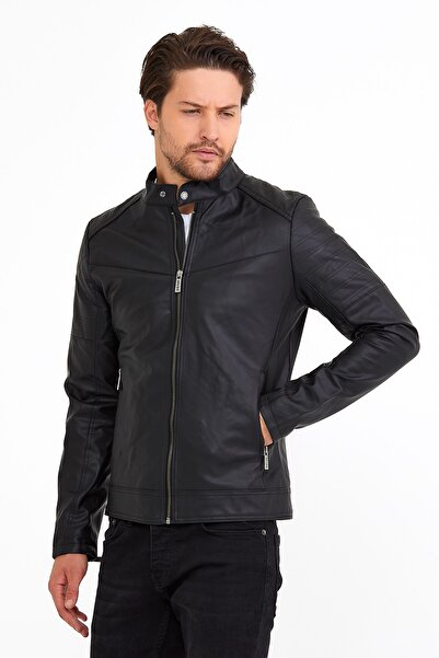 Oliggopol Чоловічий чорний шкіряний піджак зі внутрішніми кишенями, прямий крій, облягаючий фасон