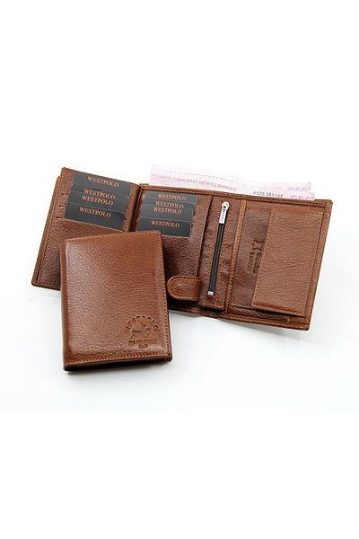 WEST POLO CÜZDAN Men's Tan Genuine Leather Wallet with Coin Compartment