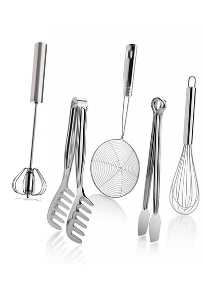Trouvaille Stainless Steel Push Automatic Beater, Pasta Tongs, Frying Colander, Grilling Tongs, beater