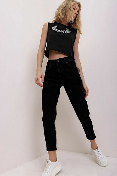 Trn JNS Pantaloni negri Mom Jean din Lycra (culoarea nu se estompează)