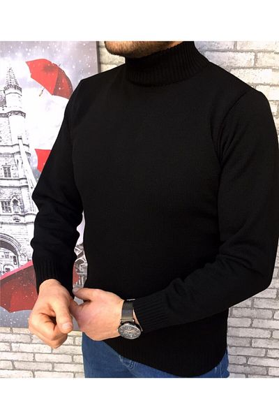 BENESSE Мъжки черен пуловер с поло яка Slim Fit