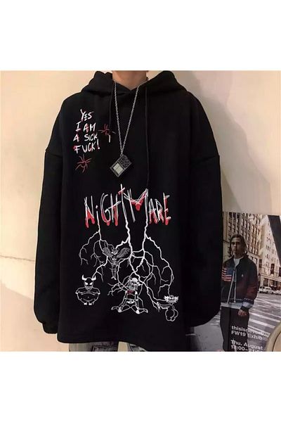 Köstebek Суитшърт с качулка и графити Nightmare в стил Harajuku Streetwear