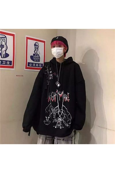 Köstebek Суитшърт с качулка и графити Nightmare в стил Harajuku Streetwear