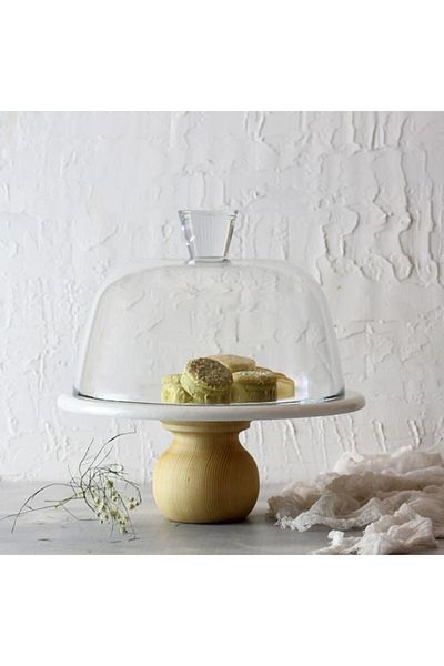Akayev Marble 25 Cm White Glass Jar with Wooden Legs