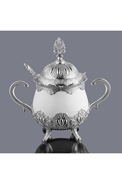 MOS'EV Porselen Gümüş Kapaklı Kaşıklı Şekerlik