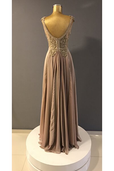 MESSİNA FOREVER Kadın Cappuccino A Kesim Organze Şifon Taşlı Uzun Abiye Elbise Trendabiye K:218/01