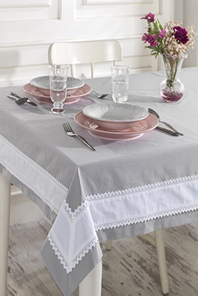 ÖDEL HOME Gray Buldan Fabric White Bordered Tablecloth with White Laces