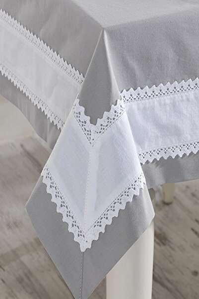 ÖDEL HOME Gray Buldan Fabric White Bordered Tablecloth with White Laces