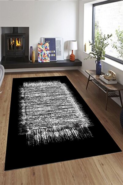 THEMODERNHANE Siyah Üzerine Beyaz Eskitme Desenli Halı