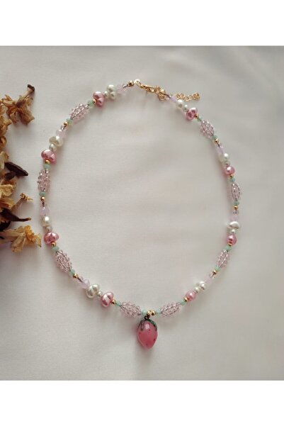 Fata Morgana Accessory Pembe Murano Çilek Uçlu Barok Incili Üzüm Boncuk Kolye