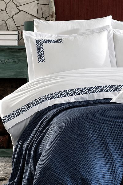 Minelya Home Collection Set de lenjerie de pat din bumbac, 8 bucăți, cu pătură și broderie