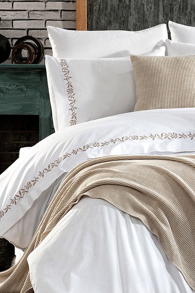 Minelya Home Collection Σετ κρεβατοκάμαρας 9 τεμαχίων κεντημένο και πλεκτό Runner Covered Ilgaz Διπλό Βαμβακερό Μπεζ Σετ Κρεβατιού