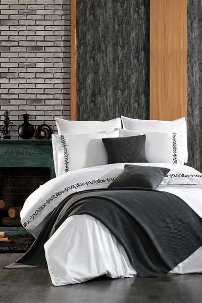 Minelya Home Collection Σετ κρεβατοκάμαρας 9 τεμαχίων κεντημένο και πλεκτό Runner Covered Ilgaz Διπλό Βαμβακερό Γκρι Παπλωματοθήκη