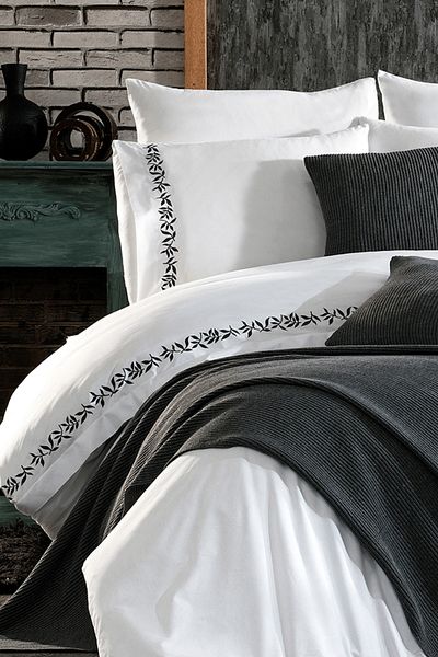 Minelya Home Collection Σετ κρεβατοκάμαρας 9 τεμαχίων κεντημένο και πλεκτό Runner Covered Ilgaz Διπλό Βαμβακερό Γκρι Παπλωματοθήκη