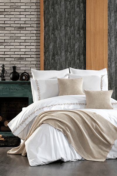 Minelya Home Collection 3 Piece Ilgaz Beige Knitwear Bed Runner And Pillowcase Set
