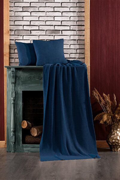 Minelya Home Collection طقم مفرش سرير وغطاء وسادة منسوج باللون الأزرق من إيلجاز مكون من 3 قطع