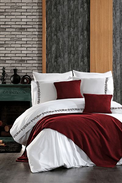 Minelya Home Collection طقم مفرش سرير وغطاء وسادة من 3 قطع من ملابس التريكو باللون الأحمر الداكن من Ilgaz