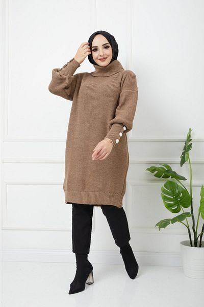 Pamuk Butik Γυναικείο Πλεκτό Πουλόβερ Καφέ Ψηλό Λαιμό