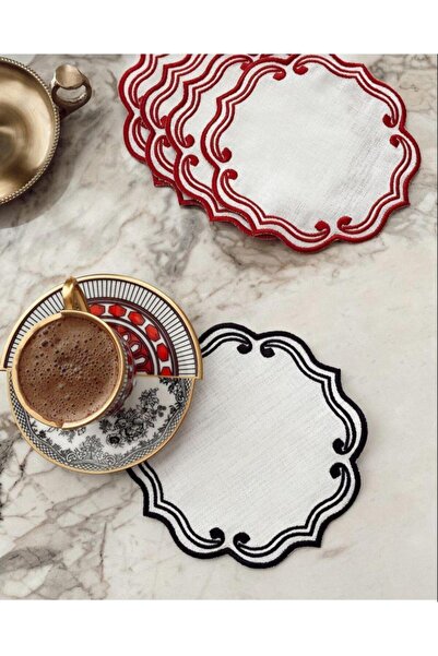 cantasarım ev tekstili Siyah Etnik Nakışlı Keten Kokteyl Peçete&sunumluk 15x15 cm