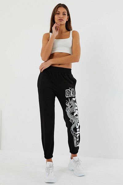 MODAGEN Women's Black Big Dragon Printed Sweatpants