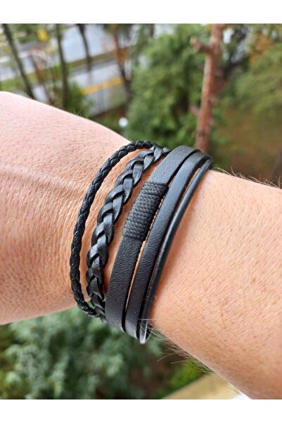 REGGENTE 5 Piece Black Genuine Leather Bracelet