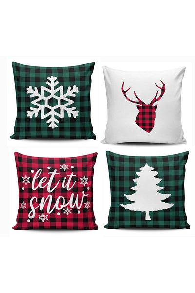 Alacastore Set de 4 huse de pernă cu fundal în carouri tematice de iarnă de Anul Nou 43x43