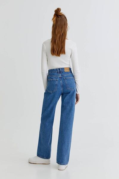 Trn JNS Pantaloni Palazzo de blugi largi din lycra albastru mediu cu talie super inalta. (SUPER ÎNALT) Picior lat