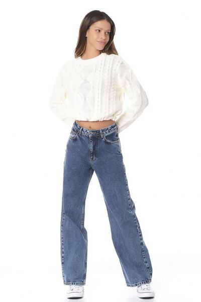 Trn JNS Blugi largi din lycra albastru închis cu talie super înaltă Pantaloni Palazzo. (SUPER ÎNALT) Picior lat