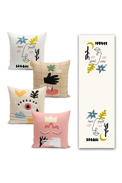 Nish & Royal 4+1 Special Design Digital Printed Runner & Throw Pillow Cover Set