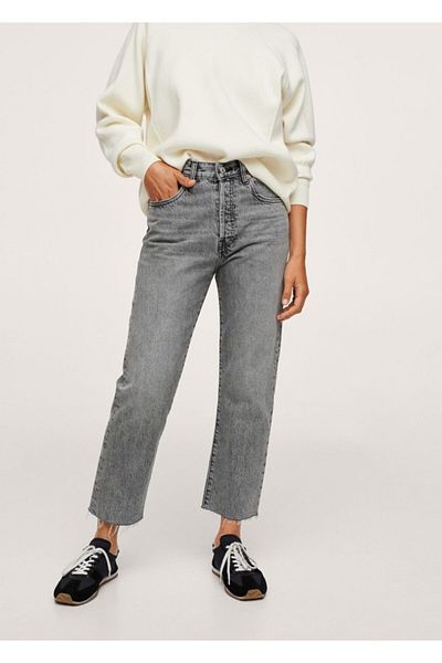 MANGO Woman Blugi de damă, gri denim, cu talie înaltă, picior scurt, cu croială dreaptă