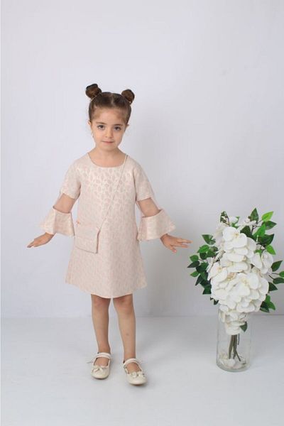 ÖFİ Kids Girl's Powder Pink Leafy Dress with Bag