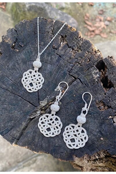 KAZZAZE Gümüş Kazaziye Üç Sıralı Aşk Düğümü Kolye Küpe Set Set04, One Size