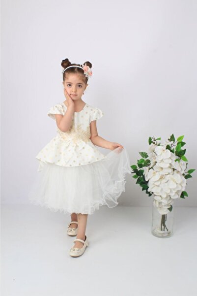 ÖFİ Kids Kız Jakarlı Kabarık Tüllü Kırık Beyaz Abiye