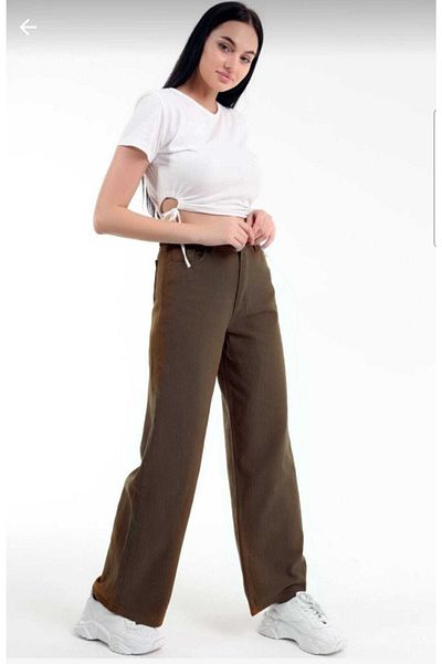 Trn JNS Καφέ Lycra Super High Waist Loose Jeans Palazzo Παντελόνι. (SUPER HIGH) Φαρδύ πόδι