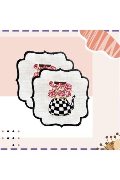 cantasarım ev tekstili Dama Gül Nakış Işlemeli Keten Sunumluk&kokteyl Peçetes...