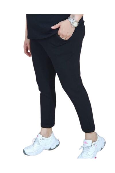 sinemisxxl Women's Black Elastic Waist Lycra Double Leg Scuba Crepe Comfortable Trousers