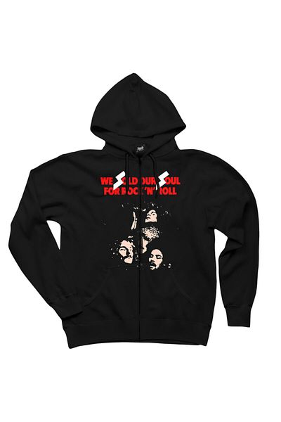 Z zepplin Black Sabbath We Sold Soul For Rock Μαύρο φούτερ με κουκούλα με φερμουάρ