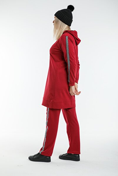 CNG MODA Plus Size Claret Red Hooded Sleeve Striped Tracksuit Set