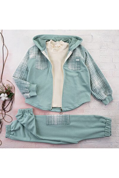BÜŞRA Hooded Zippered Plaid Pocket 3pcs Girl's Green 3-Piece Set