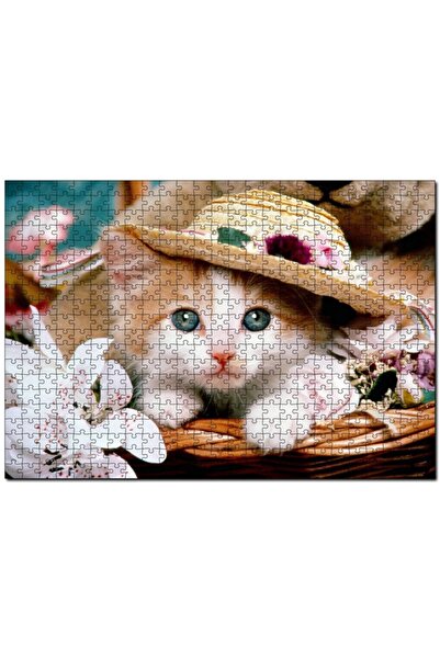 Genel Markalar Sepette Şapkalı Yavru Kedi Ve Çiçekler 255 Parça Puzzle Yapboz...