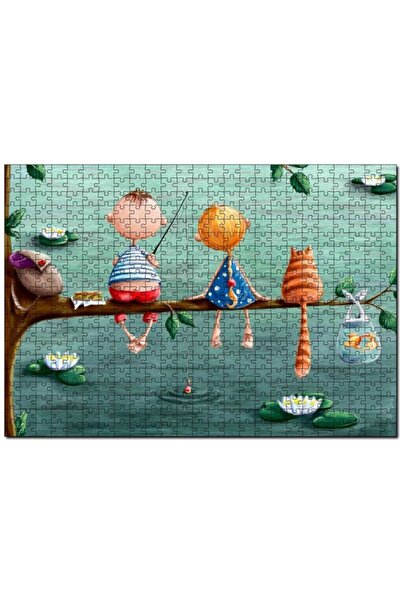 Cakapuzzle رسم توضيحي للأطفال والقطط يحملون سمكة على فرع 120 قطعة أحجية الصور...