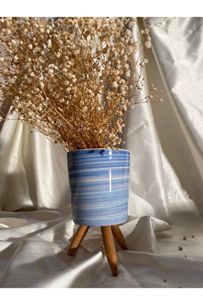 AFAM HEDİYELİK Dekoratif Mavi Zara Desenli Seramik Ayaklı Bitki & Orkide Saksısı