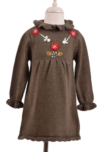 Minora Knitwear Floral Embroidery Ruffle Detailed Dress Brown