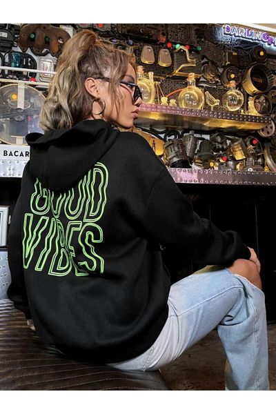 LAPS Hanorac negru cu glugă Good Vibes pentru femei