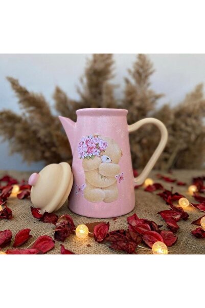 Handmadesign Kapaklı El Yapımı Seramik Sürahi - Pembe Ayıcıklı Çiçekli Güllü ...